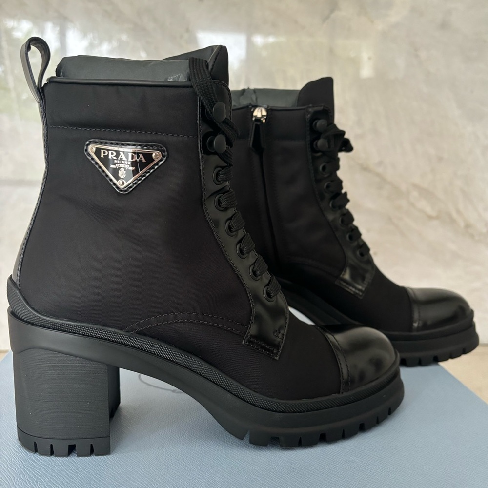 Prada Re-Nylon and Leather Combat Booties (Size 38)